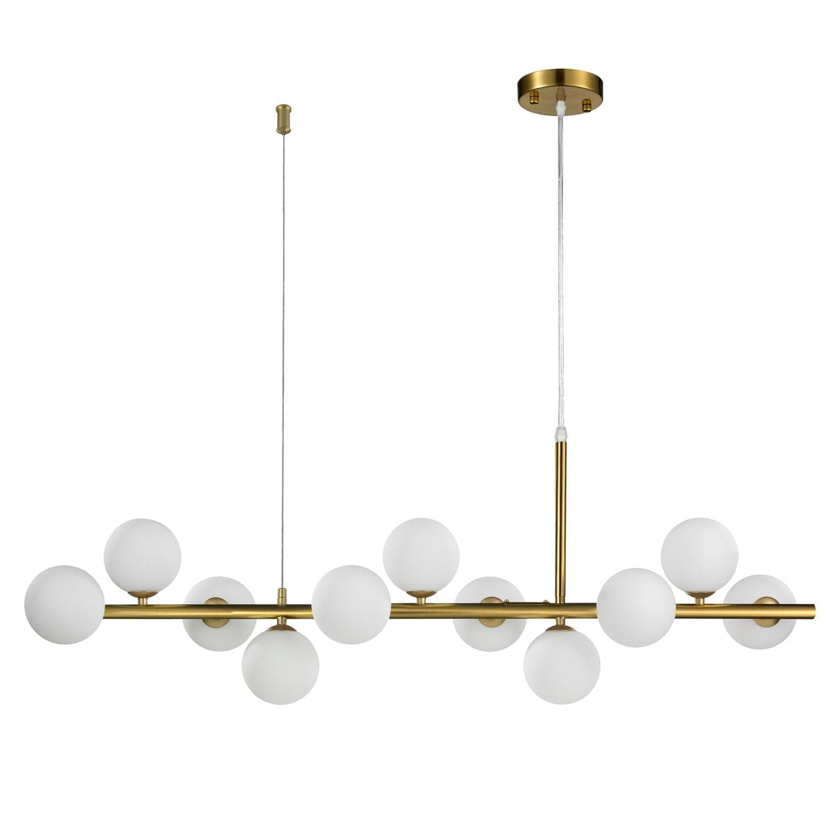 Lampa wisząca Mini Moon z 11 źródłami światła G9, w kolorze złotym szczotkowanym. Posiada prostą konstrukcję z metalowym stelażem oraz białymi, okrągłymi kloszami, zawieszona na cienkim drucie. Wymiary: 11xG9. Idealna do nowoczesnych wnętrz.