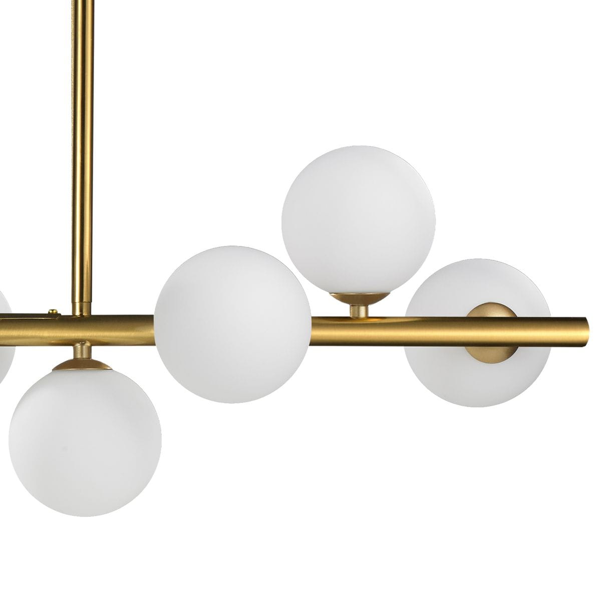 Lampa wisząca Mini Moon z 11 kloszami G9, złoty szczotkowany metal. Klosze w kształcie kul, wykonane z matowego szkła, umieszczone na poziomej rurze. Stylowy, nowoczesny design idealny do aranżacji wnętrz.