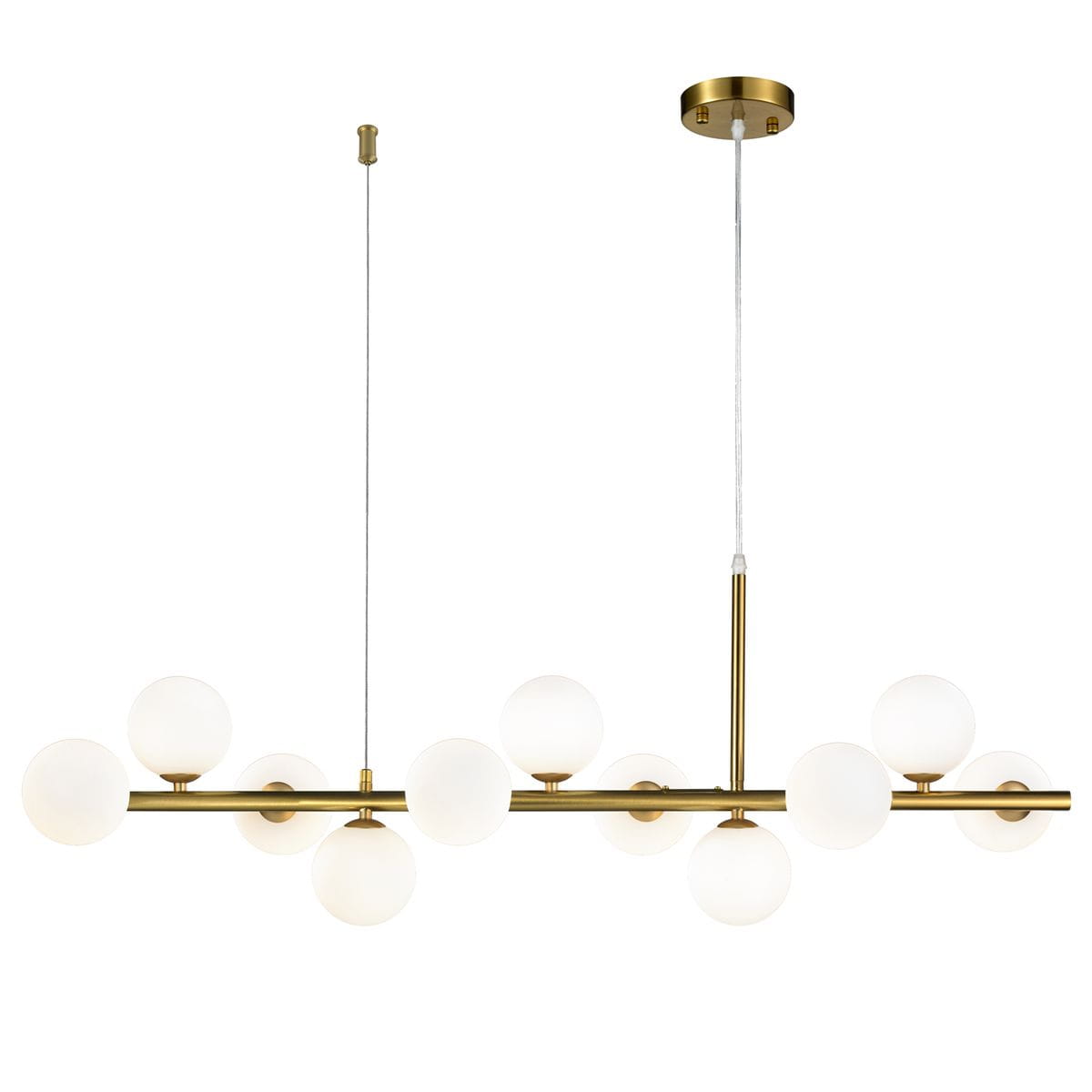 Lampa wisząca Mini Moon z 11 żarówkami G9 w złotym, szczotkowanym wykończeniu. Posiada prostą, nowoczesną konstrukcję z białymi szklanymi kulami na poziomej rurze. Zawieszona na cienkim, transparentnym przewodzie.