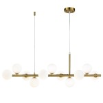 Lampa wisząca Mini Moon z 11 żarówkami G9 w złotym, szczotkowanym wykończeniu. Posiada prostą, nowoczesną konstrukcję z białymi szklanymi kulami na poziomej rurze. Zawieszona na cienkim, transparentnym przewodzie.