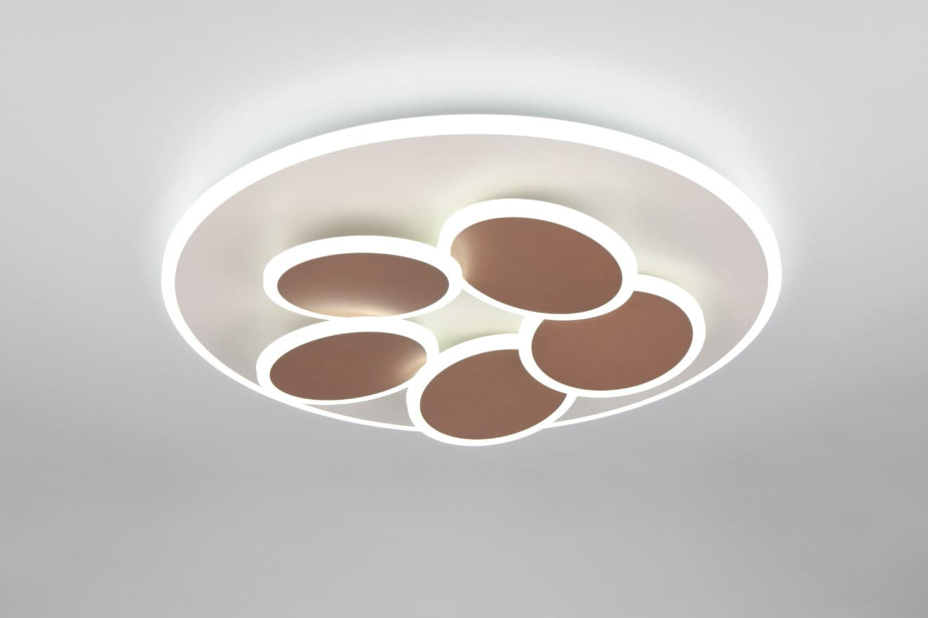 Lampa sufitowa Mandala w odcieniu szarym z sześcioma okrągłymi panelami LED. Panele mają białą obwódkę i brązowy środek. Ujęcie frontalne, lampa zamontowana na suficie, z pilotem do regulacji.