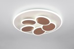 Lampa sufitowa Mandala w odcieniu szarym z sześcioma okrągłymi panelami LED. Panele mają białą obwódkę i brązowy środek. Ujęcie frontalne, lampa zamontowana na suficie, z pilotem do regulacji.