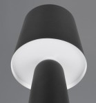 Czarna lampa stołowa Nubian z oprawą na żarówkę E27, z okrągłym kloszem i prostą, cylindryczną podstawą. Ujęcie z dołu, ukazujące gładką fakturę materiału oraz białe wnętrze klosza.