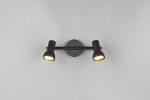 Lampa sufitowa Cantar w kolorze czarnym z dwoma reflektorami GU10, zamontowana na okrągłej podstawie. Reflektory mają prosty, cylindryczny kształt z złotym wykończeniem wewnątrz, skierowane w dół. Ujęcie frontalne, na jednolitym tle.