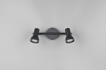 Cantar lampa sufitowa (spot) w kolorze czarnym, z dwoma oprawami na żarówki GU10. Ułożona poziomo, z okrągłą podstawą i regulowanymi ramionami reflektorów, które emitują skierowane światło. Tło jasnoszare, prosty design.