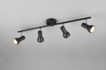 Cantar lampa sufitowa z czterema reflektorami GU10 w czarnym wykończeniu, zamontowana na metalowej listwie. Reflektory mają regulowany kąt nachylenia, a całość umieszczona jest na szarym tle.