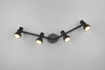 Cantar lampa sufitowa (spot) w kolorze czarnym, z czterema źródłami światła GU10, zamontowana na okrągłej podstawie. Ułożona w formie łuku, z regulowanymi reflektorami, idealna do oświetlenia wnętrz.