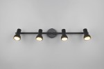 Cantar lampa sufitowa (spot) w kolorze czarnym z czterema oprawami na żarówki GU10, zamocowana na prostokątnej podstawie. Ujęcie frontalne, ukazujące wszystkie źródła światła w równym rozstawie.