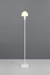 Lampa podłogowa Glenn w białym kolorze z okrągłą podstawą. Posiada smukły, prosty korpus oraz klosz w kształcie półkuli. Ujęcie frontalne, lampa stoi na szarej powierzchni, z widocznym kablem zasilającym.