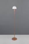 Lampa podłogowa Glenn w kolorze kawowym z białym kloszem, posiadająca metalowy, prosty stelaż. Ujęcie frontalne, produkt stoi na okrągłej podstawie, idealna do nowoczesnych wnętrz.