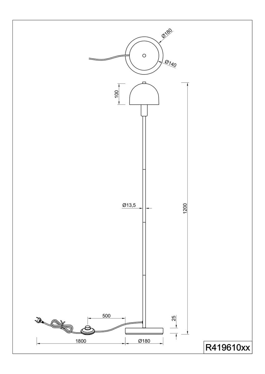 Lampa podłogowa Glenn 1xE14 w kolorze kawowym, z metalowym stelażem i okrągłą podstawą. Ujęcie z boku, pokazujące wysokość 120 cm, średnicę podstawy 18 cm oraz klosz o średnicy 14 cm. Kabel z wtyczką widoczny na dole.
