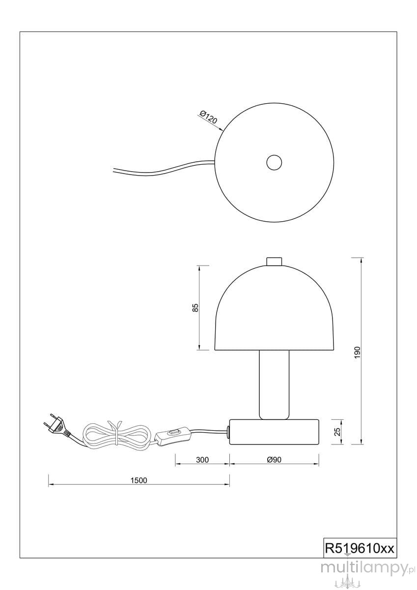 Czarna lampa stołowa Glenn z jednym gniazdem E14, o cylindrycznym kształcie klosza, z płaską podstawą. Wymiary: wysokość 190 mm, średnica klosza 120 mm, szerokość podstawy 90 mm. Posiada przewód z włącznikiem o długości 1500 mm.