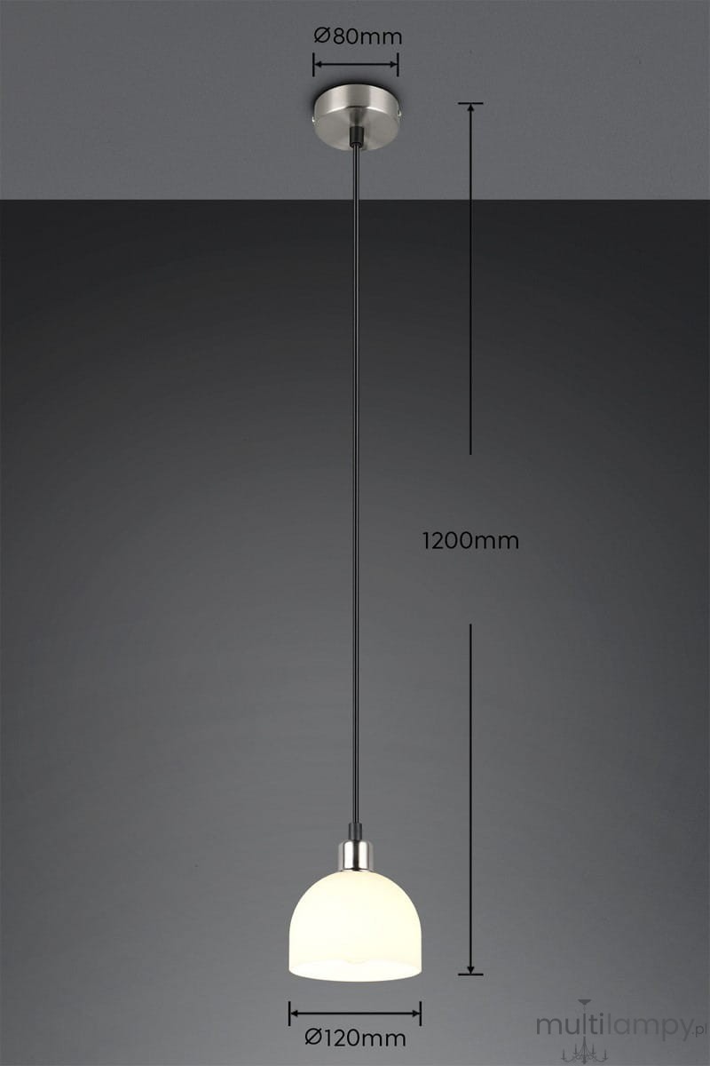 Lampa wisząca Molly z metalowym wykończeniem w kolorze niklu oraz białym kloszem z tworzywa. Okrągły klosz o średnicy 120 mm, zawieszony na czarnym przewodzie o długości 1200 mm. Montaż na suficie, z widocznymi wymiarami: średnica podstawy 80 mm.