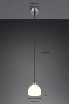 Lampa wisząca Molly z metalowym wykończeniem w kolorze niklu oraz białym kloszem z tworzywa. Okrągły klosz o średnicy 120 mm, zawieszony na czarnym przewodzie o długości 1200 mm. Montaż na suficie, z widocznymi wymiarami: średnica podstawy 80 mm.