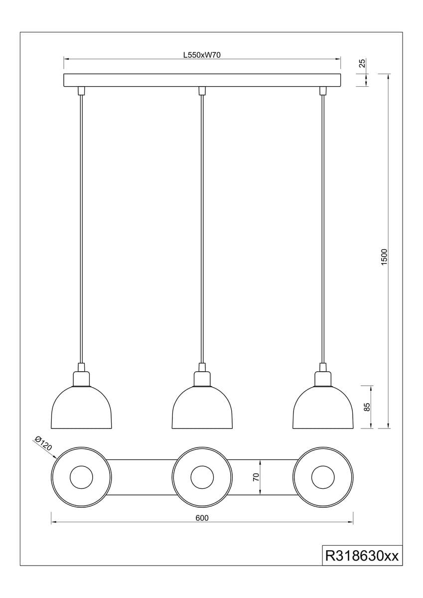 Lampa wisząca Molly z trzema kloszami E14 w kolorze niklu i białym, o wymiarach 550x70 mm. Klosze mają okrągły kształt i są zawieszone na cienkich linkach. Długość całkowita wynosi 1500 mm.