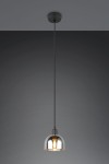 Lampa wisząca Molly z jedną oprawą E14, czarna z chromowanym kloszem w kształcie półkuli. Zawieszona na cienkim czarnym przewodzie, umocowana do sufitu. Oświetlenie w eleganckim, minimalistycznym stylu.