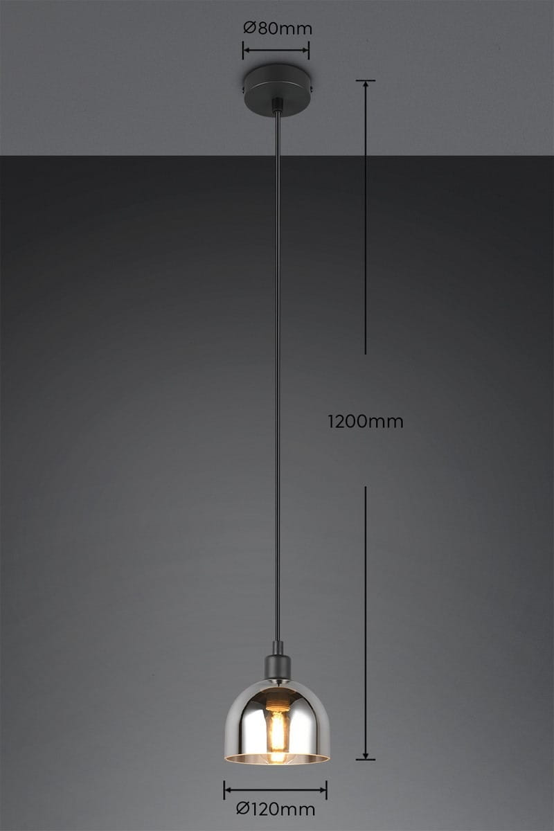 Lampa wisząca Molly 1xE14 w kolorze czarnym i chromowanym, o średnicy klosza 120 mm i długości zwisu 1200 mm. Klosz ma zaokrąglony kształt, a mocowanie sufitowe ma średnicę 80 mm. Idealna do nowoczesnych wnętrz.