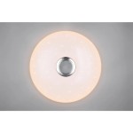 Plafon Musica w kolorze białym, okrągły, z pilotem, z jedną diodą LED (33W) RGBW. Centralnie umieszczona metalowa osłona z siateczką. Delikatne, błyszczące detale na powierzchni. Montowany sufitowo, widok z góry.