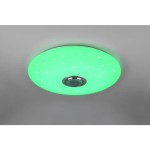 Plafon Musica w kolorze zielonym, o okrągłym kształcie, z metalowym detalem na środku. Wyposażony w funkcję RGBW, możliwość sterowania pilotem. Widoczne drobne diody LED w formie gwiazdek. Montowany sufitowo, na szarym tle.