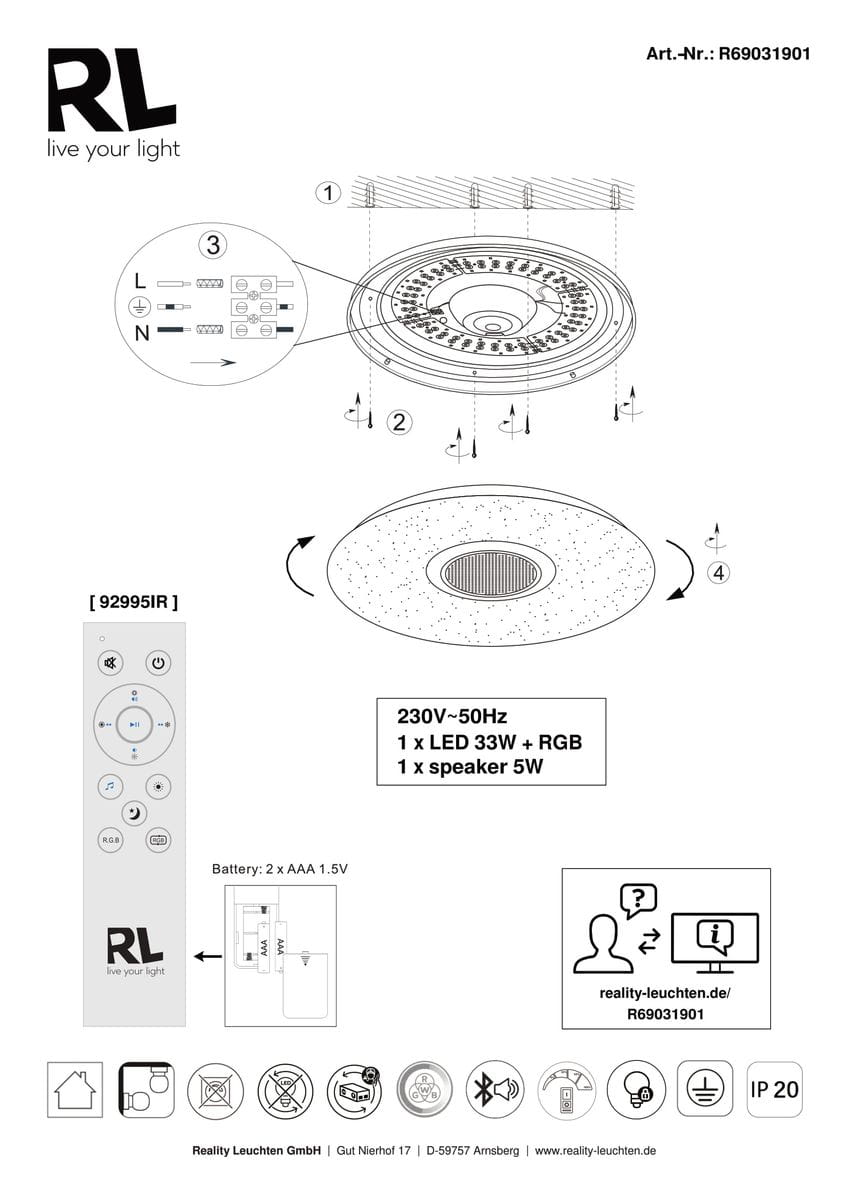Plafon Musica w kolorze białym, z pilotem, wyposażony w 1 diodę LED 33W oraz RGB. Okrągły kształt z głośnikiem 5W, montowany sufitowo. Widok z góry, na białym tle.