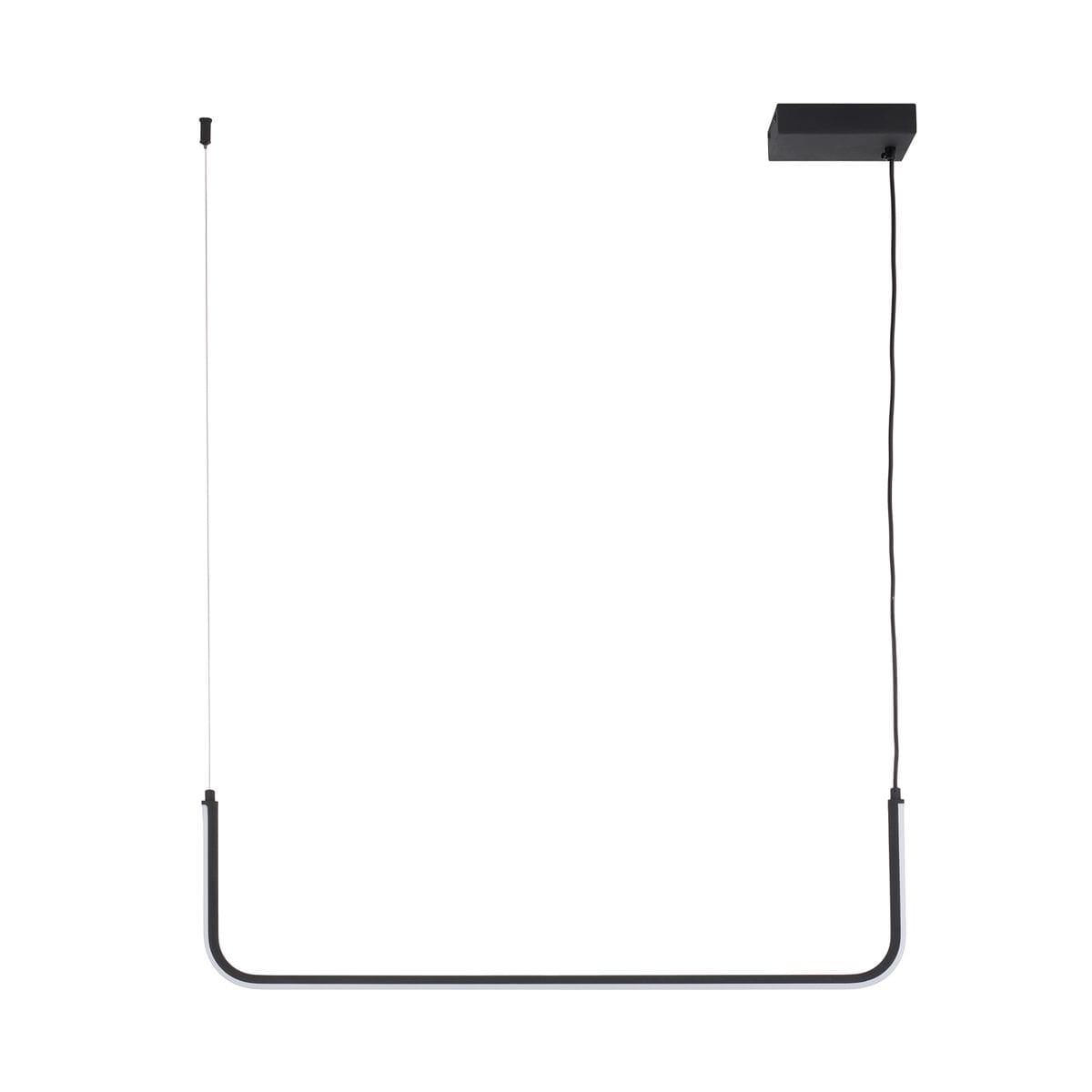 Lampa wisząca Minima 80 w kolorze czarnym, z prostokątnym stelażem i pojedynczym źródłem LED o mocy 20W. Zawieszona na cienkim kablu, minimalistyczny design, idealna do nowoczesnych wnętrz.