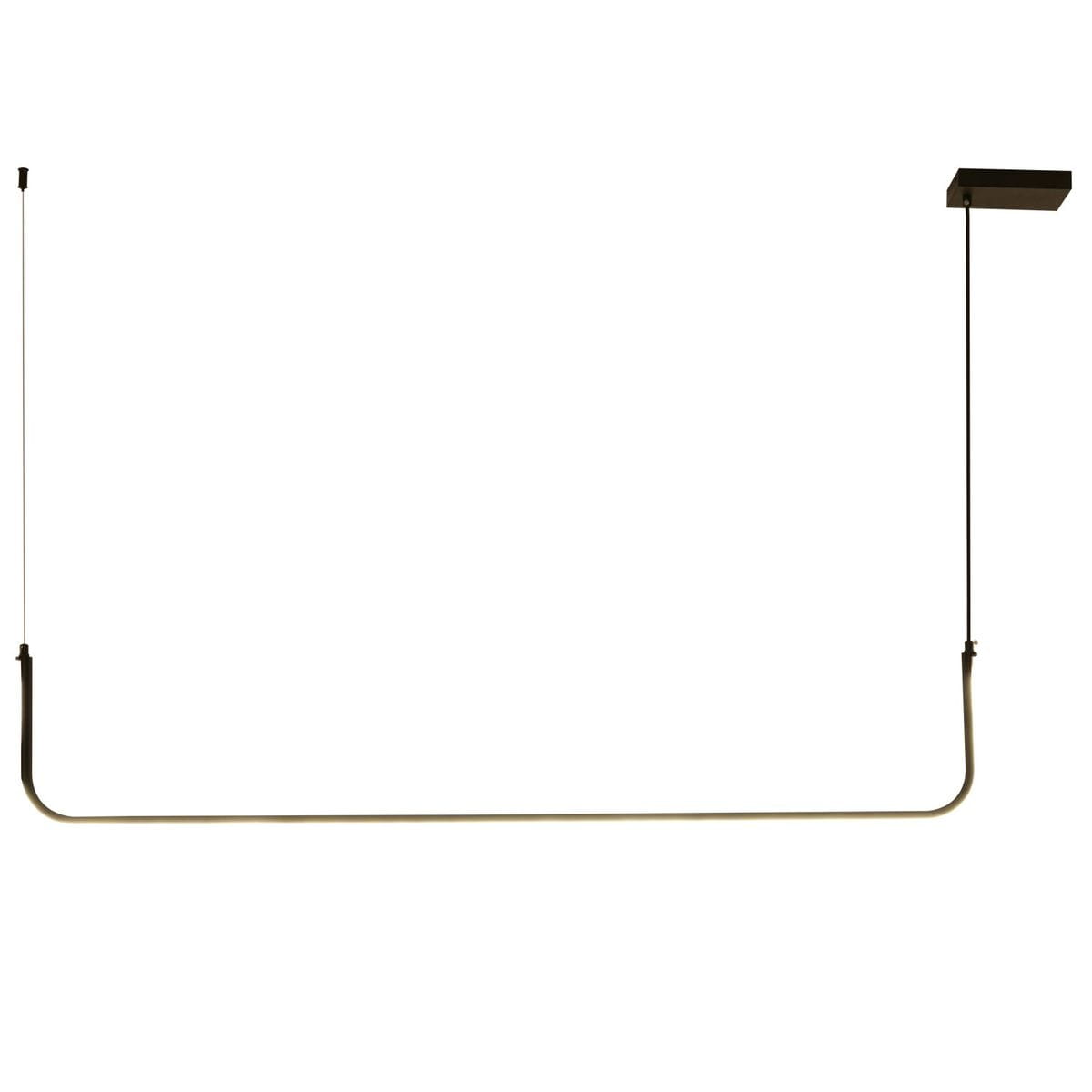 Lampa wisząca Minima 120, czarna, o minimalistycznym designie, z jedną diodą LED o mocy 20W. Ujęcie frontalne pokazuje długi, prosty kształt lampy zawieszonej na cienkich linkach. Elementy montażowe są widoczne na górze.