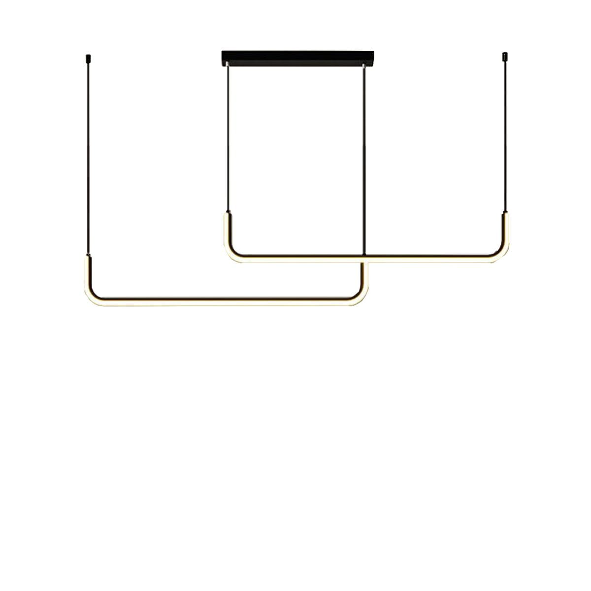 Lampa wisząca Minima 120 w kolorze czarnym, z jedną żarówką LED o mocy 20W. Posiada minimalistyczny design z dwoma poziomymi, prostokątnymi ramionami w wykończeniu złotym, zawieszona na cienkich linkach. Montaż sufitowy na prostokątnej podstawie.