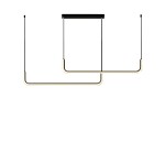 Lampa wisząca Minima 120 w kolorze czarnym, z jedną żarówką LED o mocy 20W. Posiada minimalistyczny design z dwoma poziomymi, prostokątnymi ramionami w wykończeniu złotym, zawieszona na cienkich linkach. Montaż sufitowy na prostokątnej podstawie.