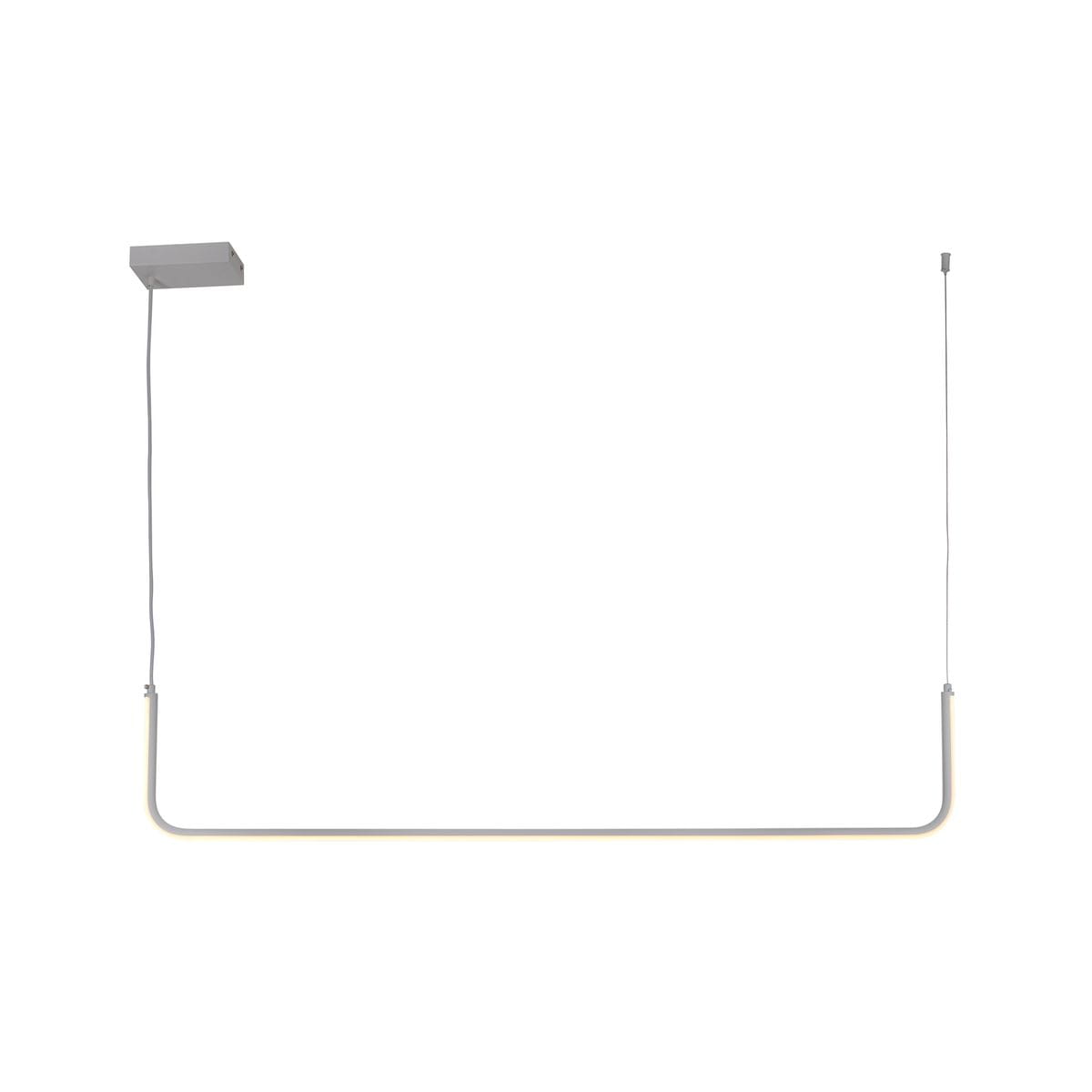 Lampa wisząca Minima 120 w kolorze białym, wykonana z metalu, z prostym, minimalistycznym kształtem. Ujęcie z boku, zawieszona na cienkim przewodzie. Źródło światła LED o mocy 20W, z płaskim, prostokątnym mocowaniem sufitowym.