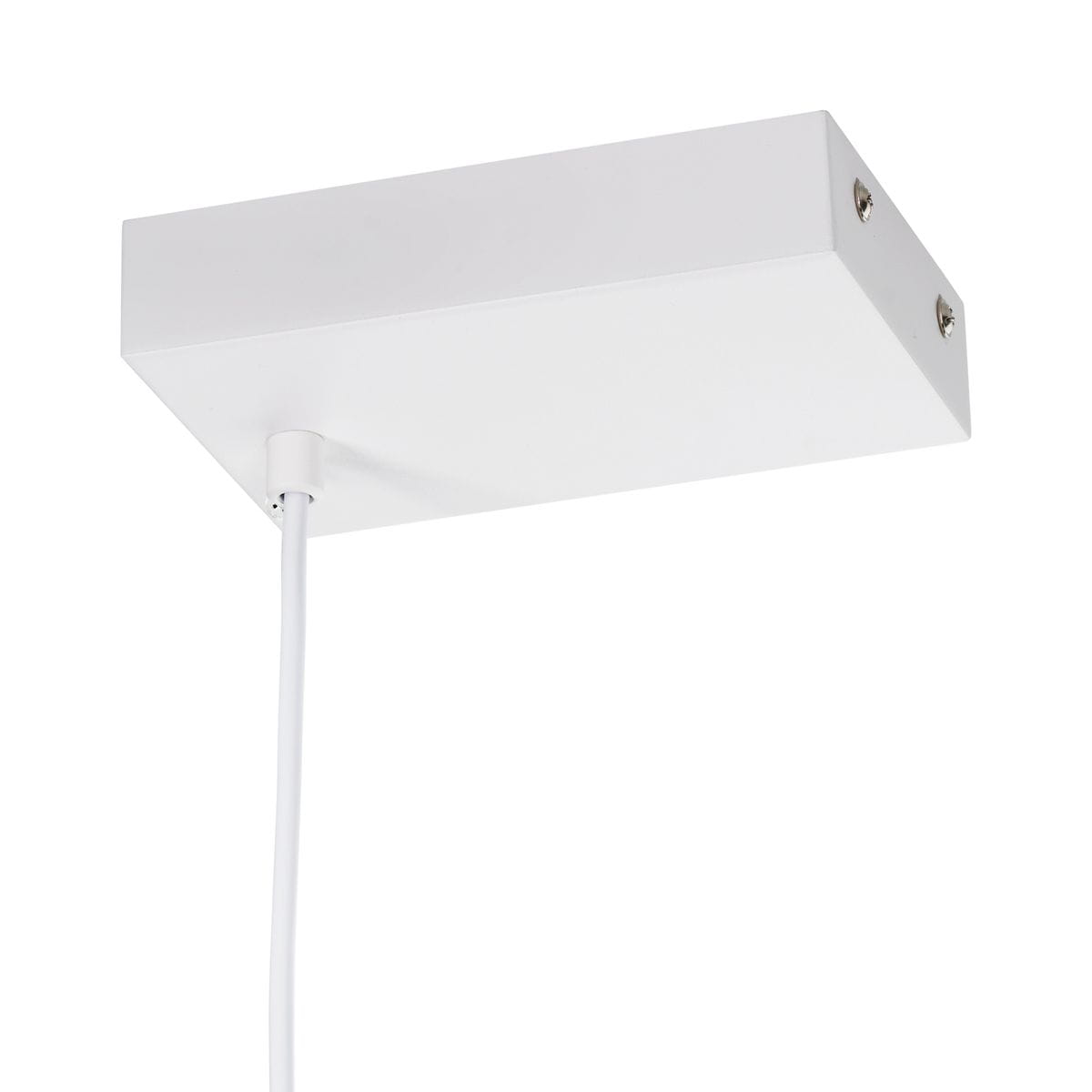 Biała lampa wisząca Minima 120 z prostokątnym kloszem, wykonana z metalu, z jednym źródłem światła LED o mocy 20W. Widok z dołu, z widocznym kablem oraz mocowaniami na górnej części.