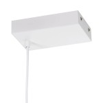 Biała lampa wisząca Minima 120 z prostokątnym kloszem, wykonana z metalu, z jednym źródłem światła LED o mocy 20W. Widok z dołu, z widocznym kablem oraz mocowaniami na górnej części.