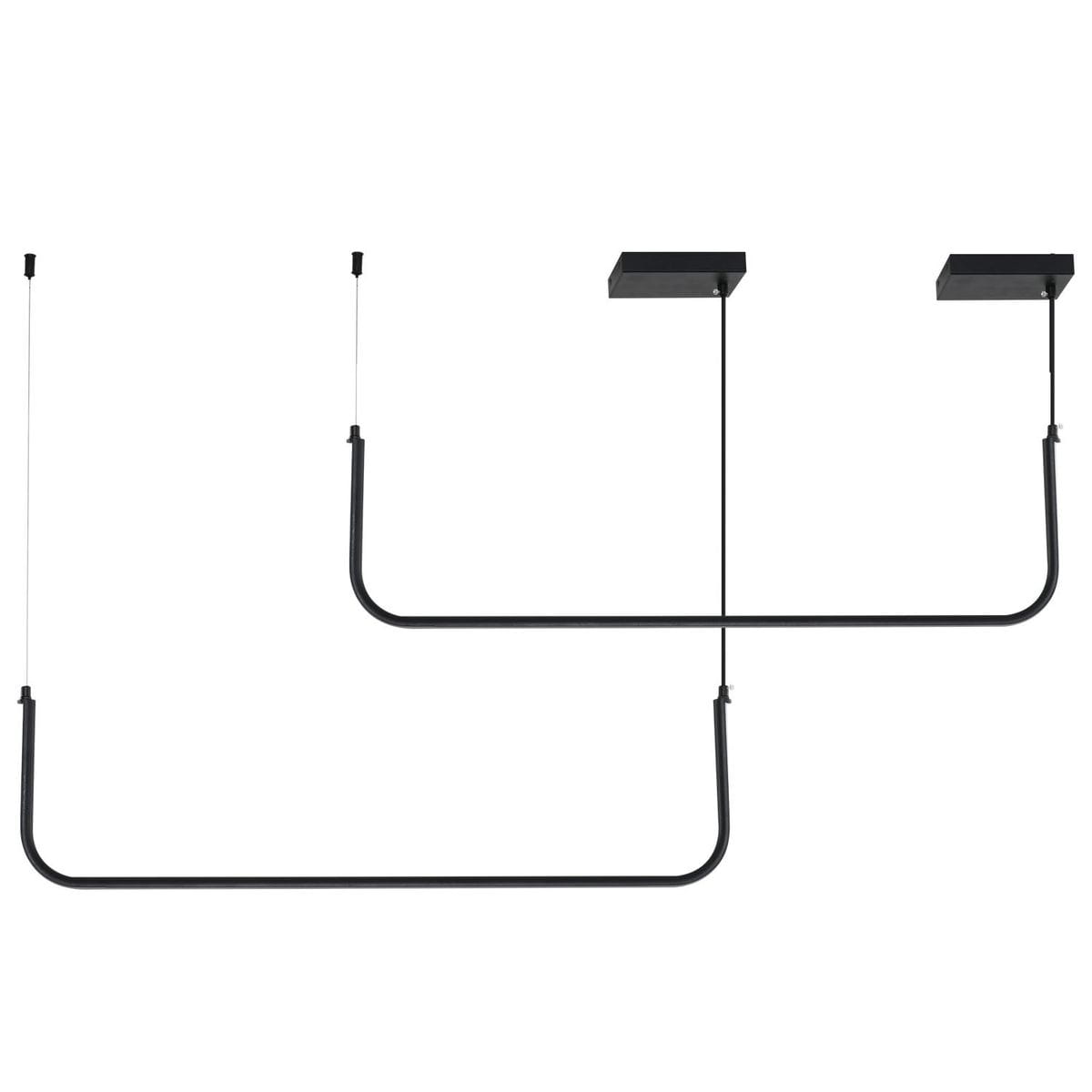 Lampa wisząca Minima 80 w kolorze czarnym, składająca się z dwóch poziomych ramion, każda z miejscem na żarówki LED 40W. Produkt zawieszony na cienkich linkach, z prostokątnymi mocowaniami sufitowymi.