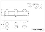 Czarna lampa sufitowa Sharp z trzema spotami GU10, zamontowana na prostokątnej metalowej podstawie. Ujęcie frontalne, ukazujące wymiary 460 mm x 110 mm oraz wysokość 140 mm. Okrągłe klosze w kształcie stożka, skierowane w dół.