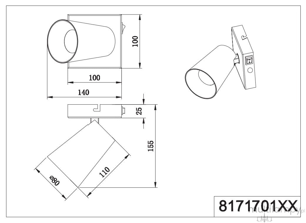 Biały kinkiet Sharp z oprawą na jedną żarówkę GU10. Zestawienie prostokątnej podstawy o wymiarach 100x100 mm z cylindrycznym kloszem. Kąt ujęcia z boku, ukazujący szczegóły konstrukcyjne i wymiary: 140 mm długości, 155 mm wysokości.