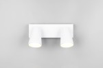 Lampa sufitowa Sharp z dwoma reflektorami GU10 w białej obudowie. Ujęcie frontalne, z widocznymi okrągłymi kloszami skierowanymi w dół. Prosta, minimalistyczna konstrukcja na prostokątnej podstawie. Tło w jasnoszarym kolorze.