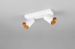 Biała lampa sufitowa typu spot z dwoma źródłami światła GU10. Okrągłe klosze zewnętrznie białe, wewnętrznie złote, zamontowane na prostokątnej podstawie. Ujęcie z góry, ukazujące detal konstrukcji i kolorystykę.