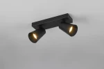 Lampa sufitowa Sharp z dwoma punktami świetlnymi w czarnych oprawach, zamontowana na prostokątnej podstawie. Widać dwa klosze w kształcie stożków, emitujące ciepłe światło. Ujęcie z dołu, na jednolitym tle.