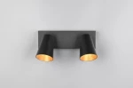 Czarna lampa sufitowa Sharp z dwoma reflektorami GU10. Reflektory mają cylindryczny kształt z wewnętrzną złotą powłoką. Montowana na prostokątnej podstawie. Zbliżenie na górną perspektywę, ukazujące detale konstrukcji.