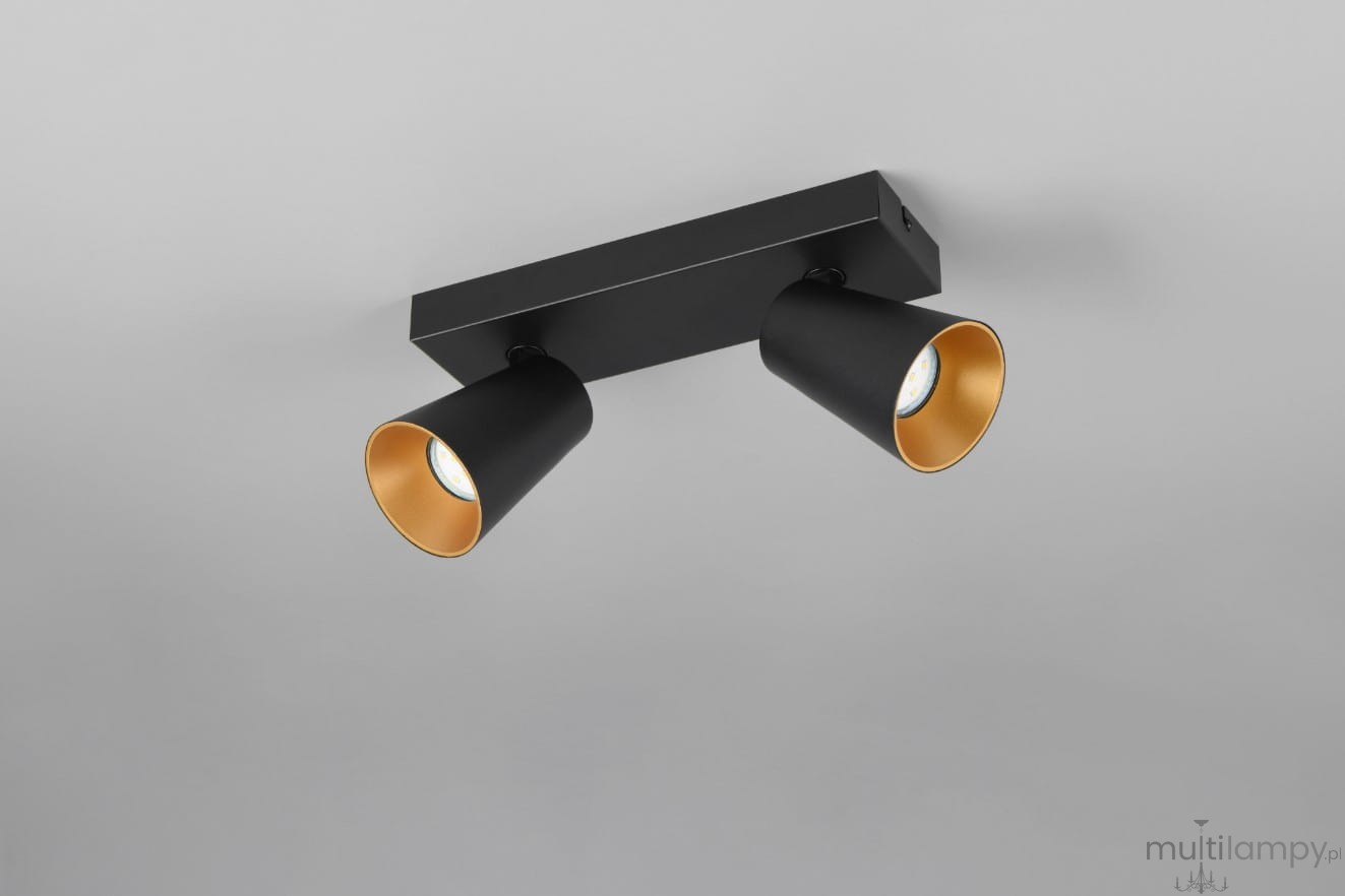 Czarna lampa sufitowa Sharp z dwoma reflektorami GU10. Reflektory mają zewnętrzną, matową czarną powłokę i wewnętrzną złotą, odbijającą światło. Produkt montowany na suficie, widoczny z góry. Wymiary i szczegóły konstrukcyjne nieokreślone.