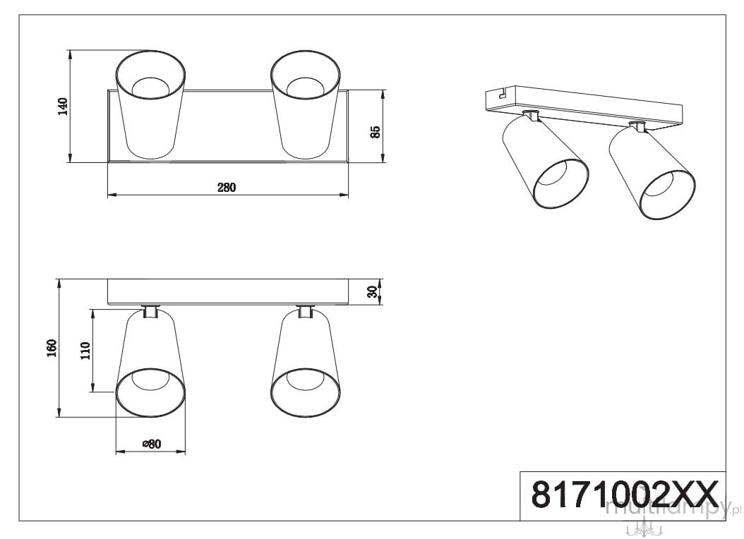 Czarna lampa sufitowa Sharp z dwoma spotami na żarówki GU10. Ułożona poziomo, z prostokątną podstawą o wymiarach 280 mm x 30 mm, wysokość 85 mm, z dwoma cylindrycznymi kloszami o średnicy 80 mm i wysokości 140 mm.