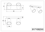 Czarna lampa sufitowa Sharp z dwoma spotami na żarówki GU10. Ułożona poziomo, z prostokątną podstawą o wymiarach 280 mm x 30 mm, wysokość 85 mm, z dwoma cylindrycznymi kloszami o średnicy 80 mm i wysokości 140 mm.