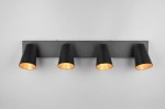Czarna lampa sufitowa Sharp z czterema reflektorami na metalowej podstawie. Reflektory o kształcie stożkowatym z wewnętrzną złotą powłoką, zamontowane równolegle. Produkt widoczny frontalnie, na jednolitym tle.