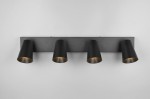 Czarna lampa sufitowa Sharp z czterema reflektorami GU10, zamontowana na prostokątnej podstawie. Reflektory mają matowe wykończenie zewnętrzne i złote wnętrze, co nadaje elegancki wygląd. Ujęcie frontalne, ukazujące całą konstrukcję.