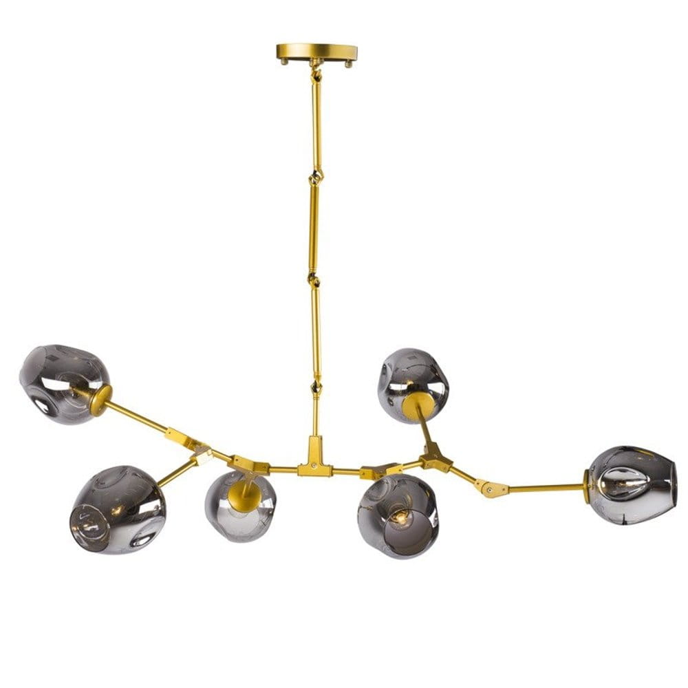 Lampa wisząca Modern Orchid z sześcioma źródłami światła E27, w złotej oprawie, z dymionymi kloszami w kształcie kwiatów. Ujęcie z dołu, z widocznym zawieszeniem i eleganckim, nowoczesnym designem.