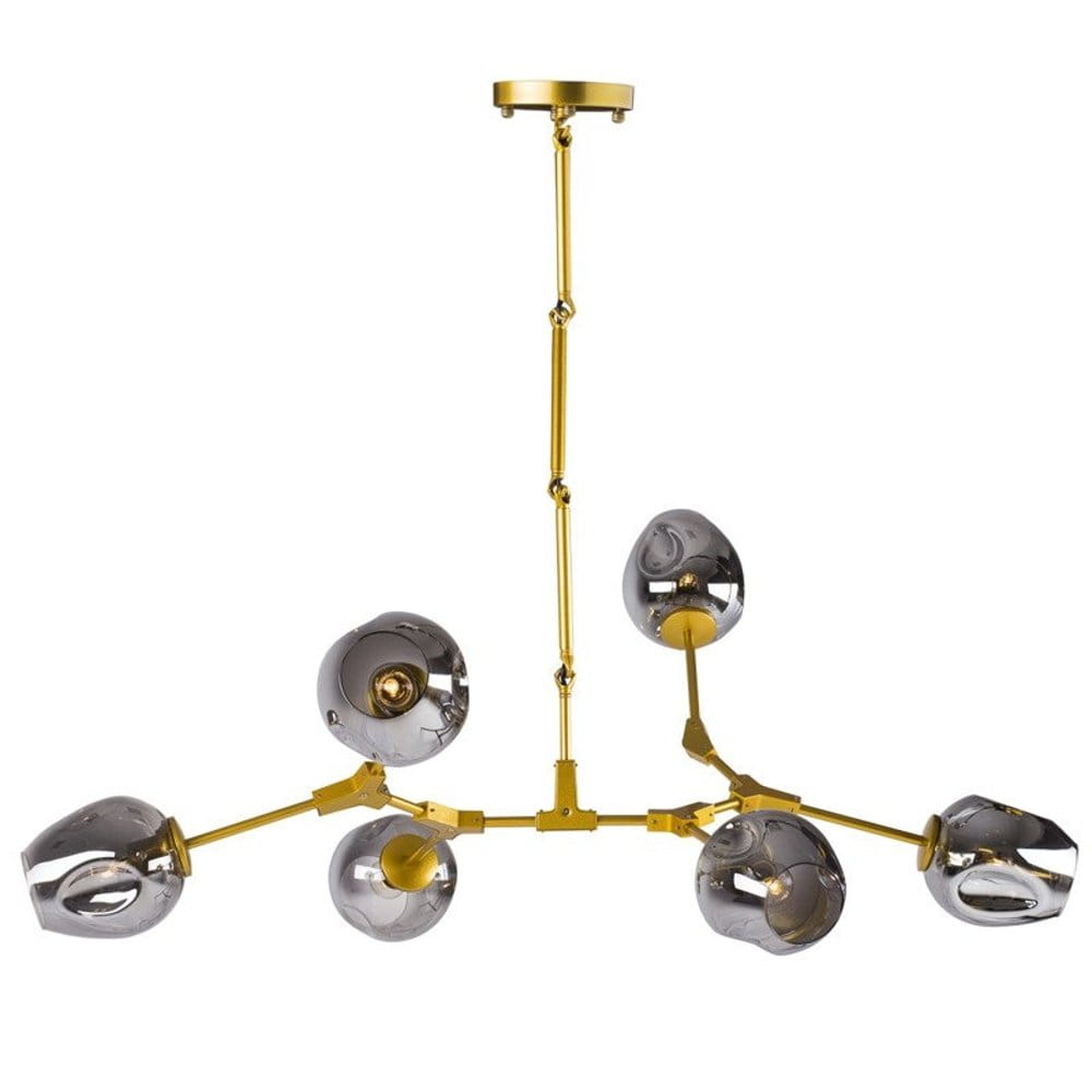 Lampa wisząca Modern Orchid z sześcioma kloszami E27 w kolorze złotym i dymionym. Klosze mają okrągły kształt, a całość zawieszona jest na złotej konstrukcji, która tworzy nowoczesny, elegancki wygląd.