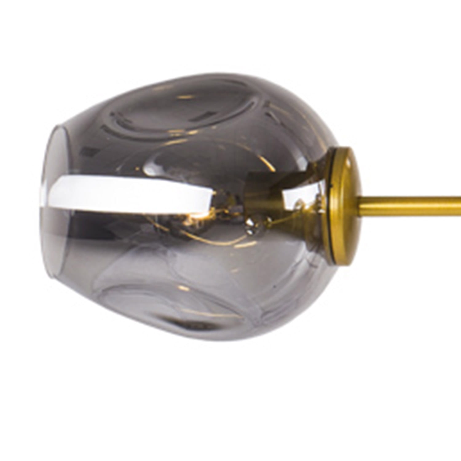 Lampa wisząca Modern Orchid z sześcioma gniazdami E27, z dymionym kloszem w kształcie kuli, zawieszona na złotym metalowym stelażu. Kluczowe detale to przezroczysty klosz z delikatnym wzorem. Ujęcie boczne, eksponujące połączenie materiałów.