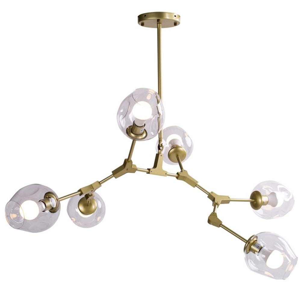 Lampa wisząca Modern Orchid 6xE27 w kolorze złotym z transparentnymi kloszami. Posiada sześć punktów świetlnych, zamontowana na metalowej konstrukcji, wisząca z sufitu, o organicznym kształcie. Klosze mają lekko zaokrąglony design.