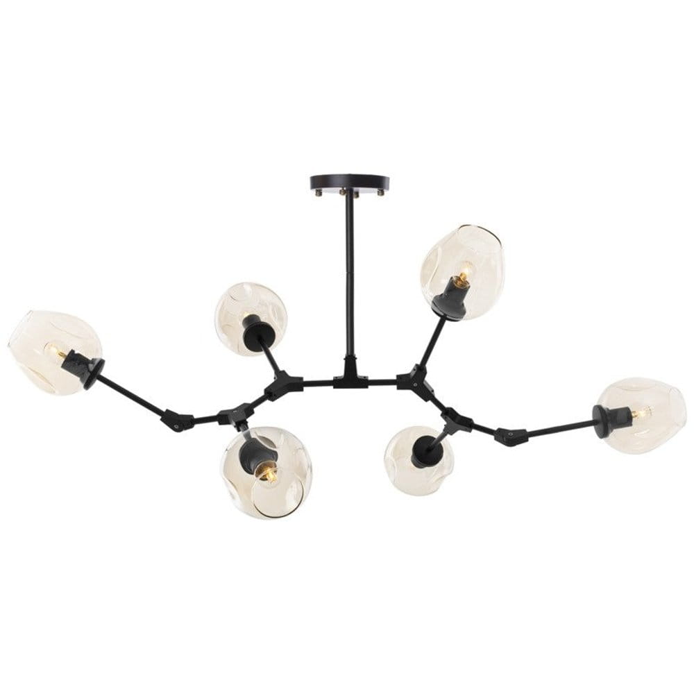 Lampa wisząca Modern Orchid 6xE27 w kolorze czarnym z bursztynowymi kloszami. Ma sześć ramion z przezroczystymi, lekko falistymi kloszami, zamocowanymi na czarnym stelażu. Ujęcie z góry, ukazujące detal konstrukcji i rozmieszczenie źródeł światła.