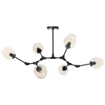 Lampa wisząca Modern Orchid 6xE27 w kolorze czarnym z bursztynowymi kloszami. Ma sześć ramion z przezroczystymi, lekko falistymi kloszami, zamocowanymi na czarnym stelażu. Ujęcie z góry, ukazujące detal konstrukcji i rozmieszczenie źródeł światła.