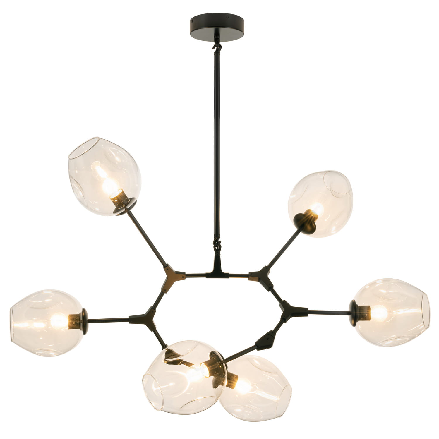Lampa wisząca Modern Orchid w kolorze czarnym z bursztynowymi kloszami. Posiada sześć gniazd E27, z metalową konstrukcją i przezroczystymi, szklanymi kloszami o zaokrąglonym kształcie. Ujęcie z góry, wisząca, elegancka forma.